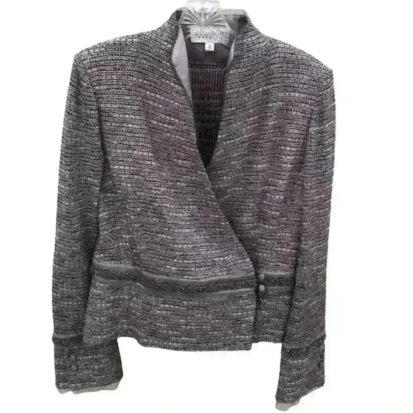 VTG St. John Metallic Tweed Silver Purple Beaded Rhinestone Lace Blazer - Picture 1 of 12